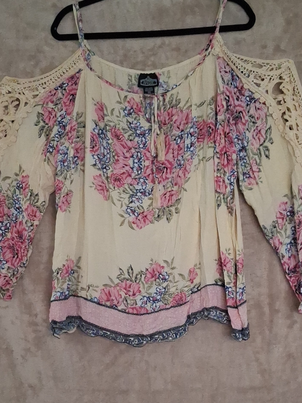 Angie Light Yellow Cold-Shoulder Floral Blouse with Pink Accents